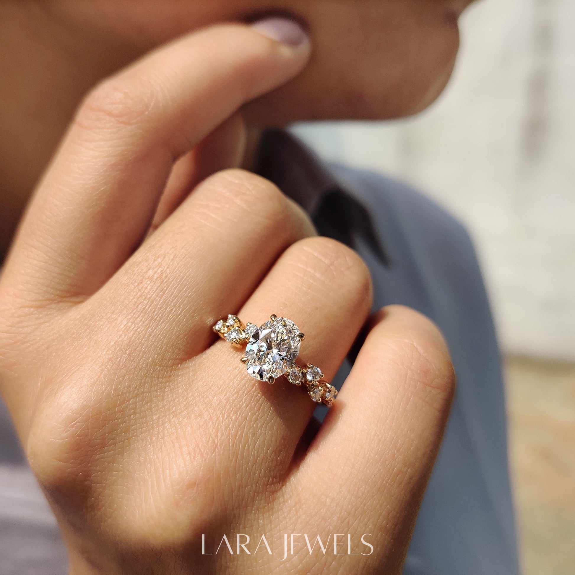 Lab grown oval engagement ring in Rose Gold, available in Silver. IGI certified, ethically sourced, handcrafted at Lara Jewels.