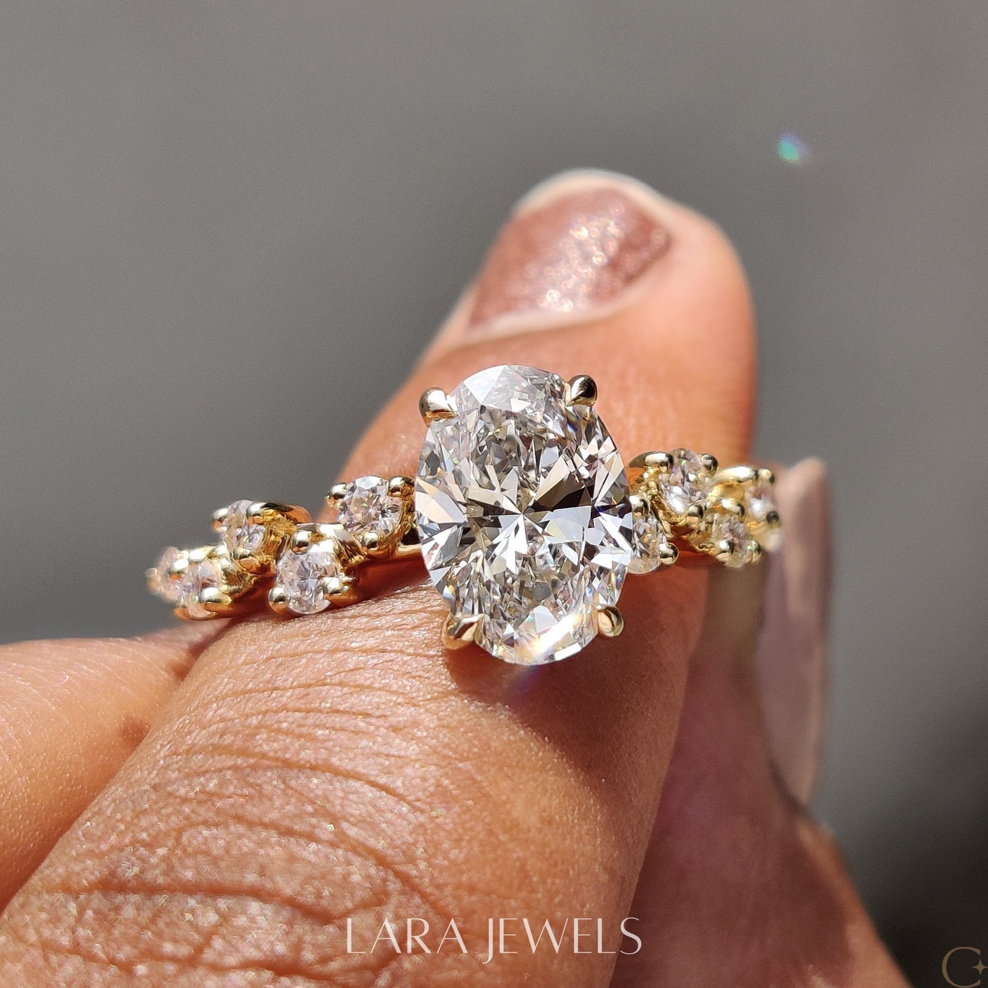 Lab grown oval engagement ring in Rose Gold, available in Silver. IGI certified, ethically sourced, handcrafted at Lara Jewels.