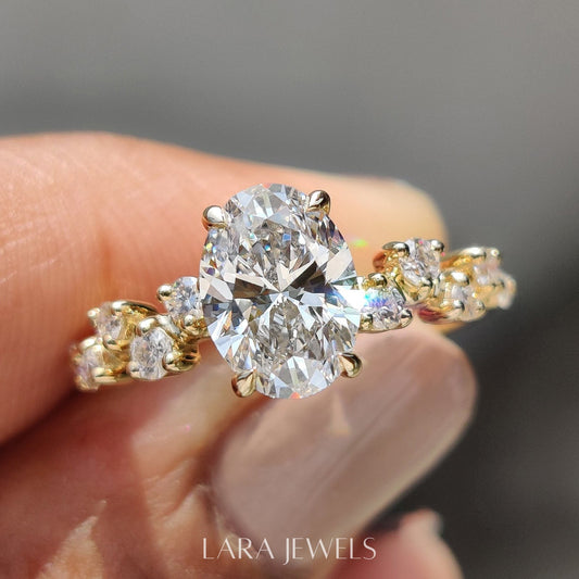 Lab grown oval engagement ring in Rose Gold, available in Silver. IGI certified, ethically sourced, handcrafted at Lara Jewels.