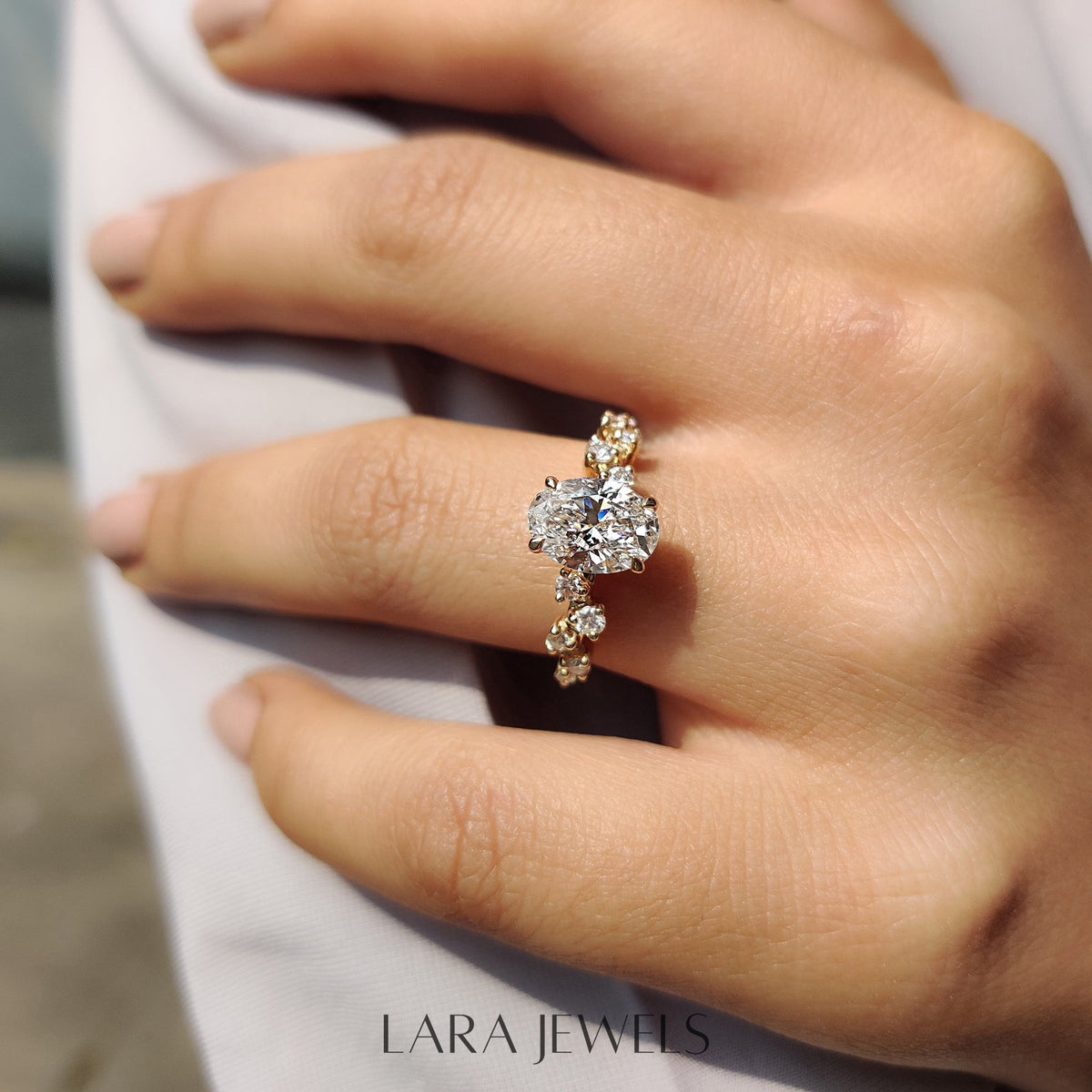 Lab grown oval engagement ring in Rose Gold, available in Silver. IGI certified, ethically sourced, handcrafted at Lara Jewels.