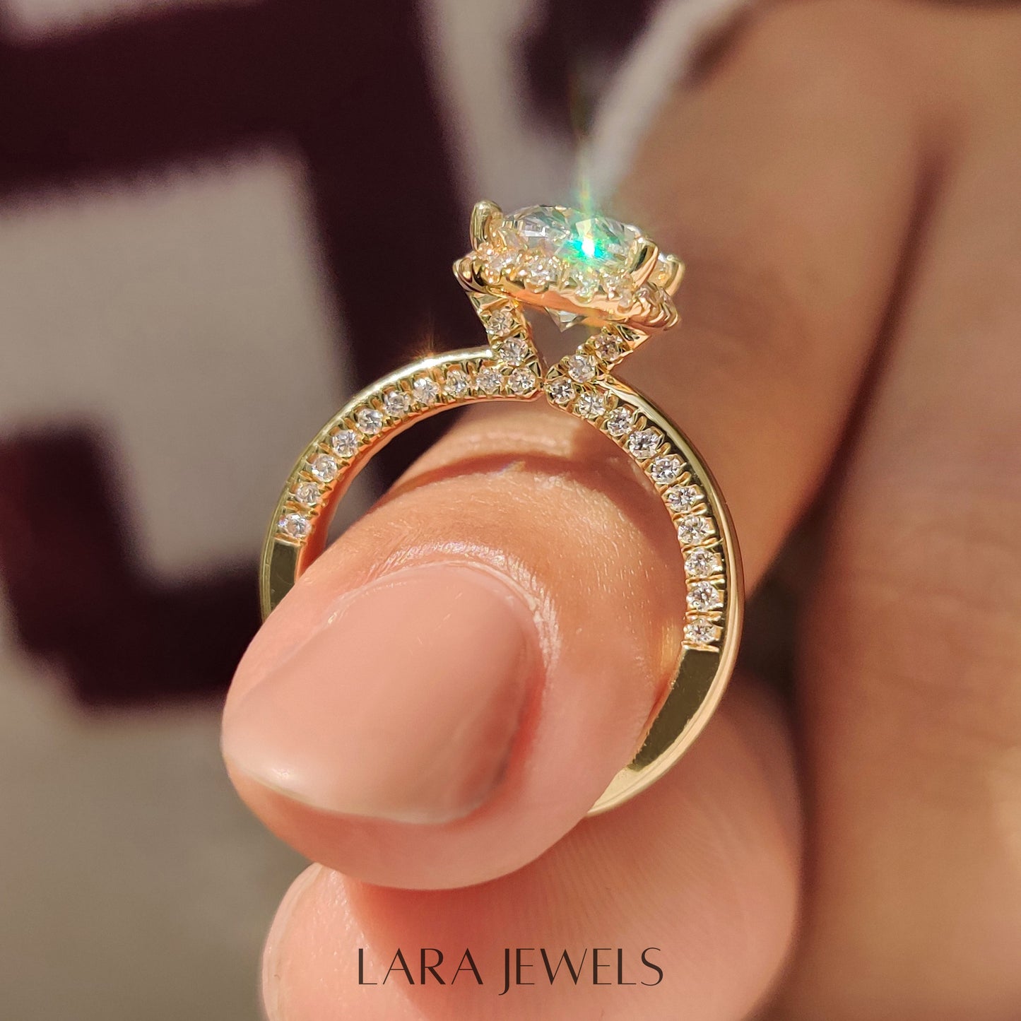 Lab grown oval engagement ring in Round Cut Diamond Basket Setting, available in Silver. IGI certified, ethically sourced, handcrafted at Lara Jewels.