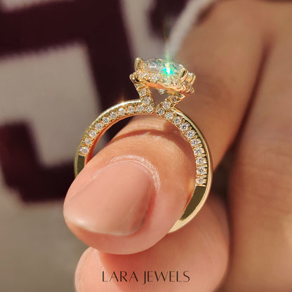 Lab grown oval engagement ring in Round Cut Diamond Basket Setting, available in Silver. IGI certified, ethically sourced, handcrafted at Lara Jewels.