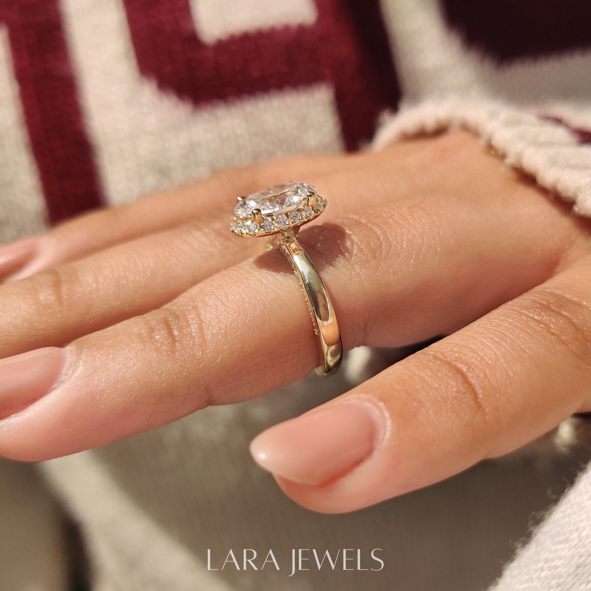 Lab grown oval engagement ring in Round Cut Diamond Basket Setting, available in Silver. IGI certified, ethically sourced, handcrafted at Lara Jewels.