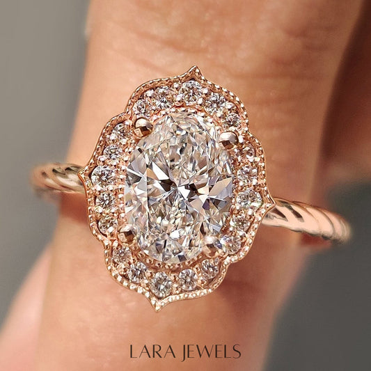 Lab grown oval engagement ring in Milgrain Details, available in Silver. IGI certified, ethically sourced, handcrafted at Lara Jewels.