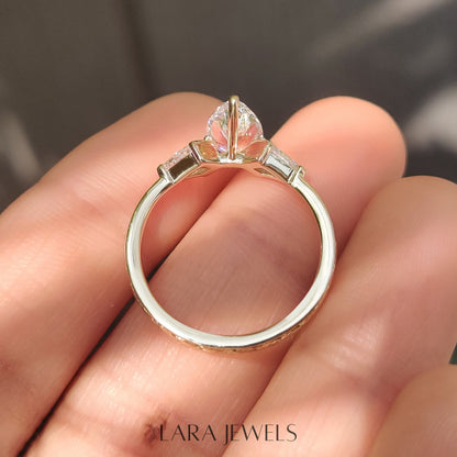 Lab grown pear engagement ring in Art Deco Band, available in Silver. IGI certified, ethically sourced, handcrafted at Lara Jewels.