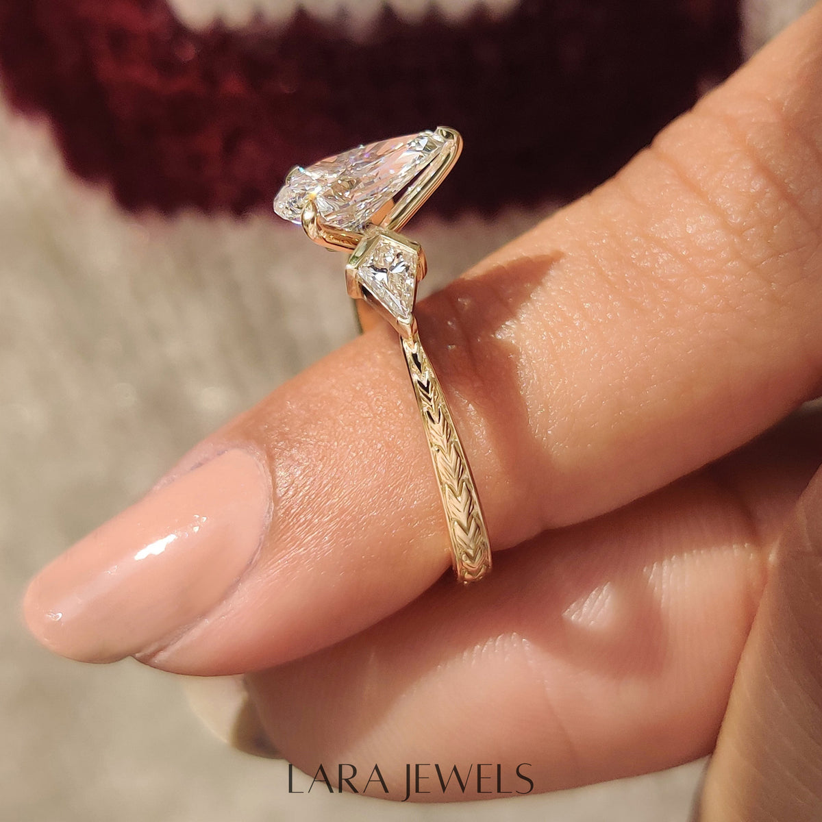 Lab grown pear engagement ring in Art Deco Band, available in Silver. IGI certified, ethically sourced, handcrafted at Lara Jewels.