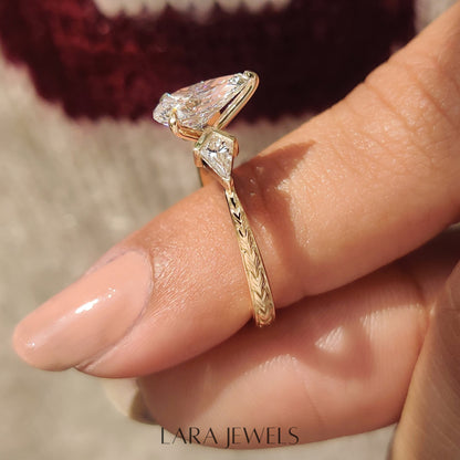 Lab grown pear engagement ring in Art Deco Band, available in Silver. IGI certified, ethically sourced, handcrafted at Lara Jewels.