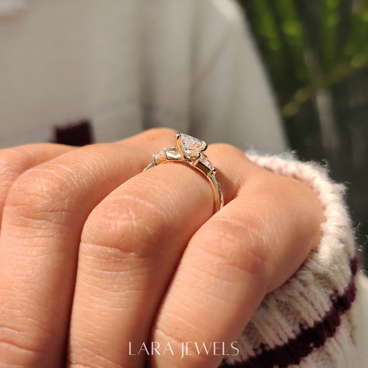 Lab grown pear engagement ring in Art Deco Band, available in Silver. IGI certified, ethically sourced, handcrafted at Lara Jewels.