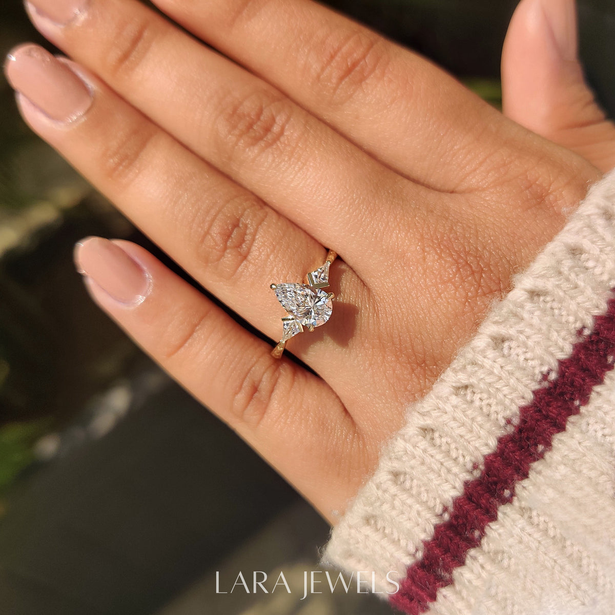 Lab grown pear engagement ring in Art Deco Band, available in Silver. IGI certified, ethically sourced, handcrafted at Lara Jewels.