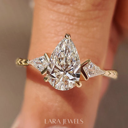 Lab grown pear engagement ring in Art Deco Band, available in Silver. IGI certified, ethically sourced, handcrafted at Lara Jewels.