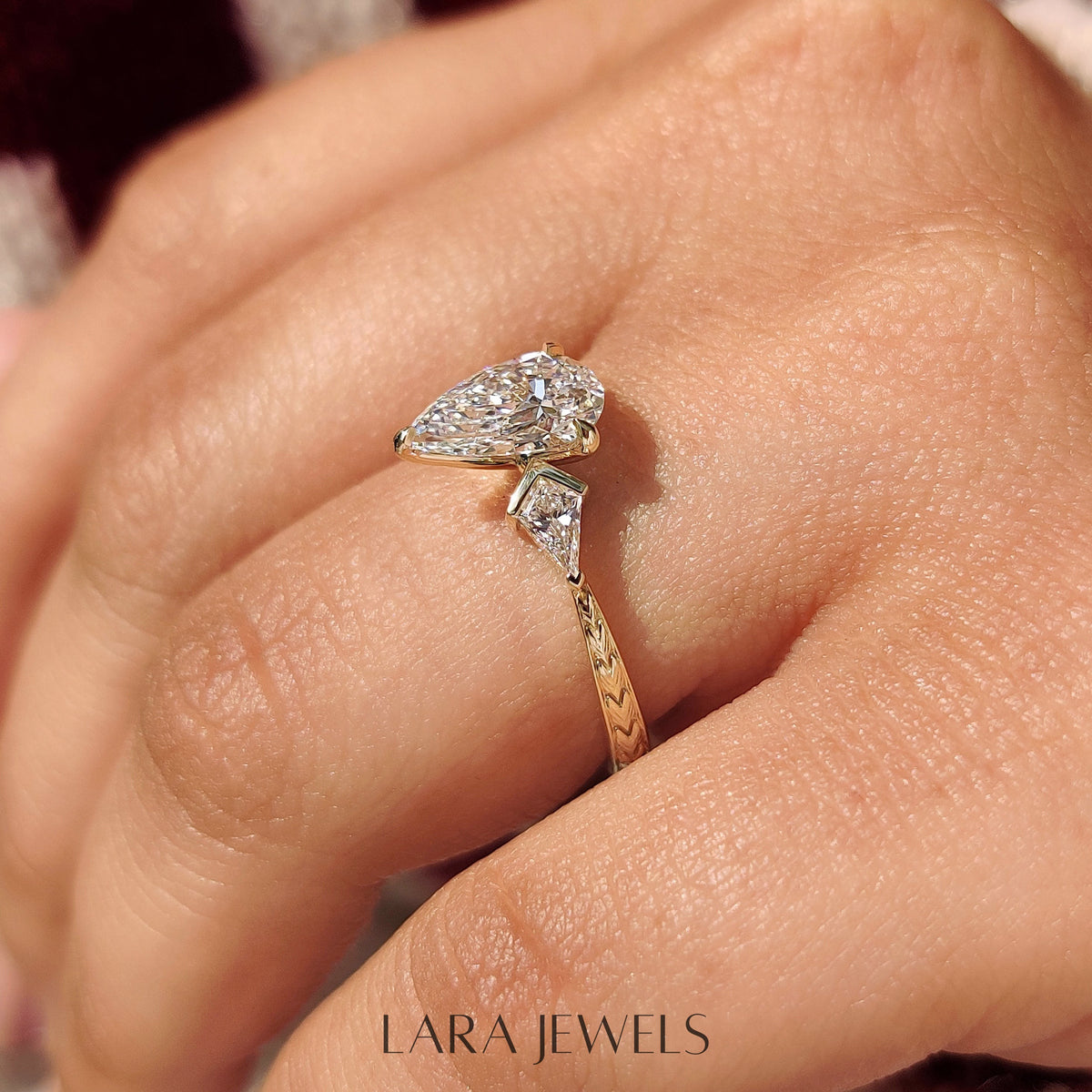 Lab grown pear engagement ring in Art Deco Band, available in Silver. IGI certified, ethically sourced, handcrafted at Lara Jewels.