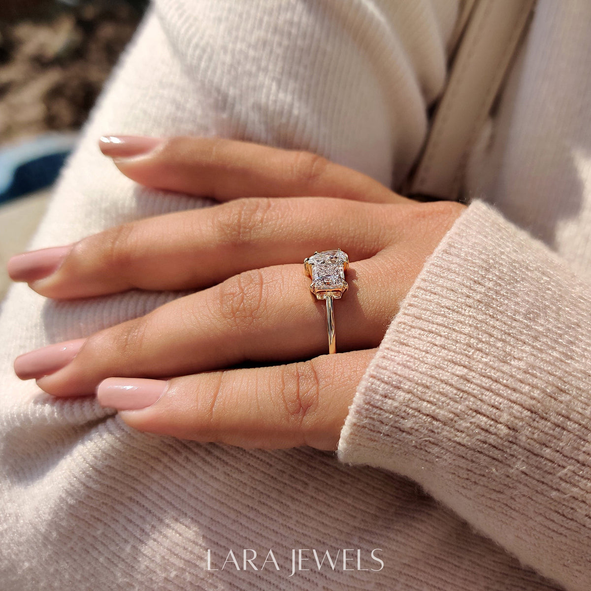 Lab grown princess engagement ring in Lara Jewels setting, available in Silver. IGI certified, ethically sourced, handcrafted at Lara Jewels.