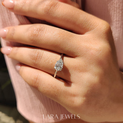 Lab grown pear engagement ring in Lara Jewels setting, available in Silver. IGI certified, ethically sourced, handcrafted at Lara Jewels.