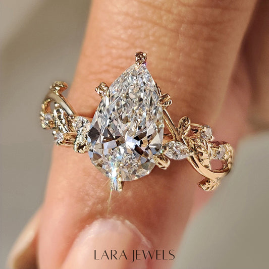 Lab grown pear engagement ring in Filigree style, available in Silver. IGI certified, ethically sourced, handcrafted at Lara Jewels.