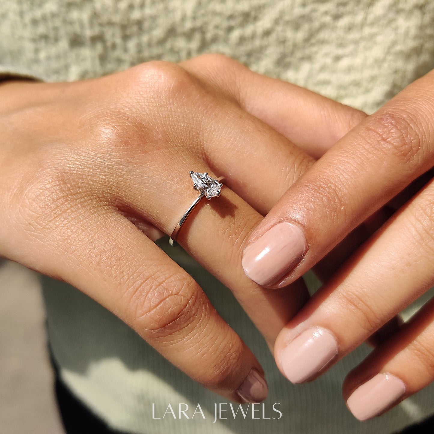 Lab grown pear engagement ring in Lara Jewels setting, available in Silver. IGI certified, ethically sourced, handcrafted at Lara Jewels.