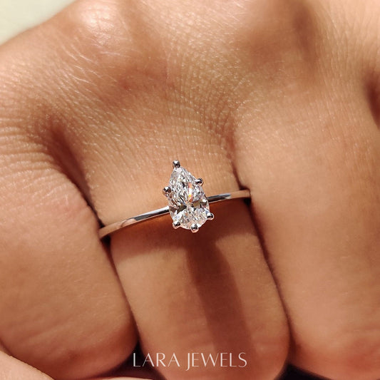Lab grown pear engagement ring in Lara Jewels setting, available in Silver. IGI certified, ethically sourced, handcrafted at Lara Jewels.