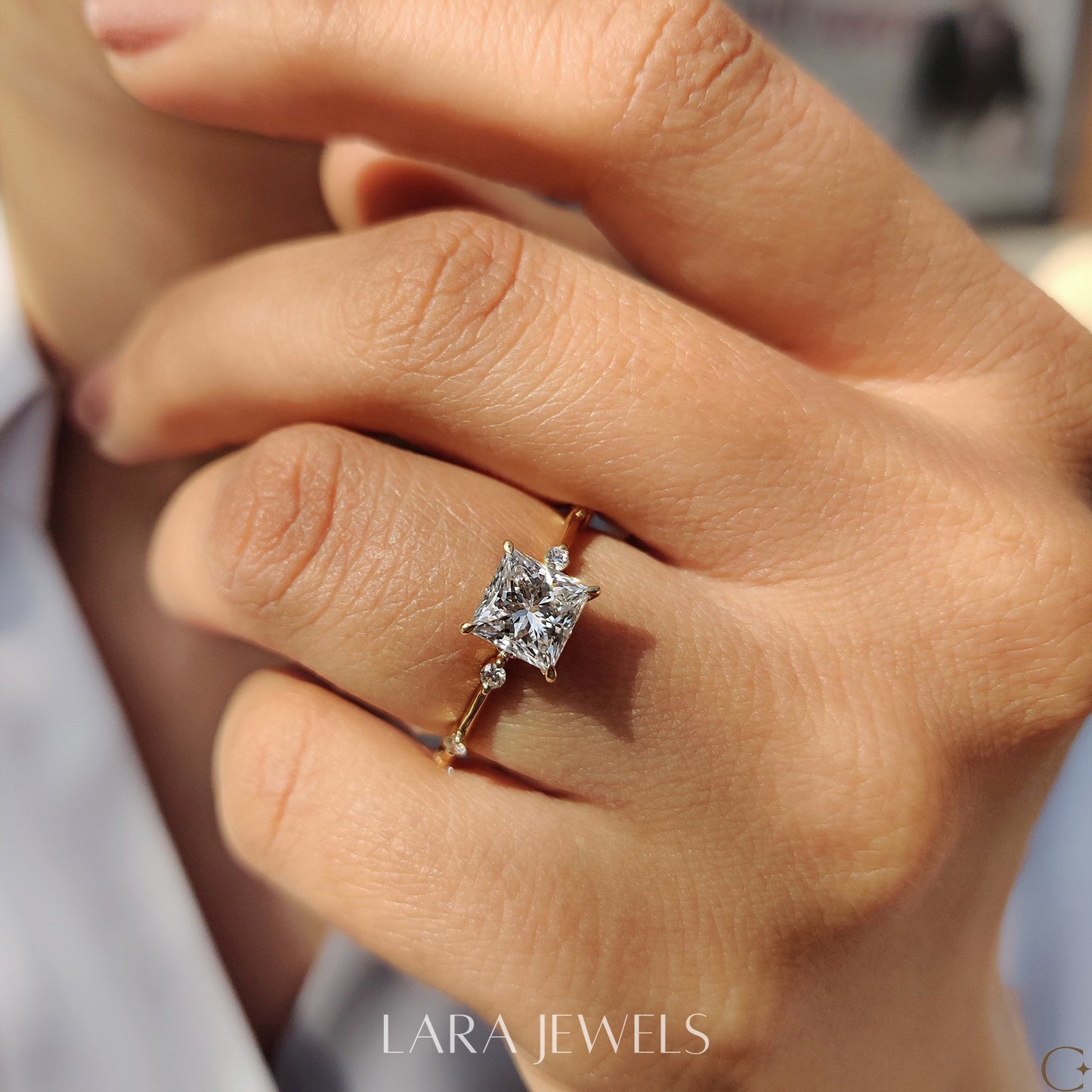 Lab grown princess engagement ring in Yellow Gold, available in Silver. IGI certified, ethically sourced, handcrafted at Lara Jewels.