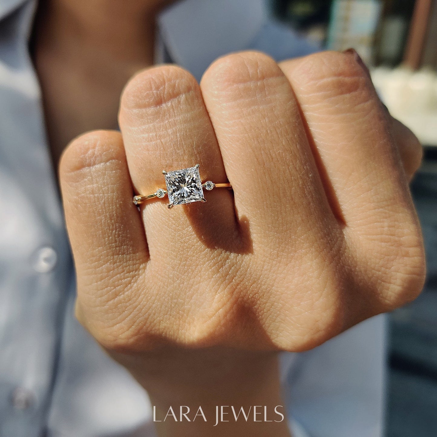 Lab grown princess engagement ring in Yellow Gold, available in Silver. IGI certified, ethically sourced, handcrafted at Lara Jewels.