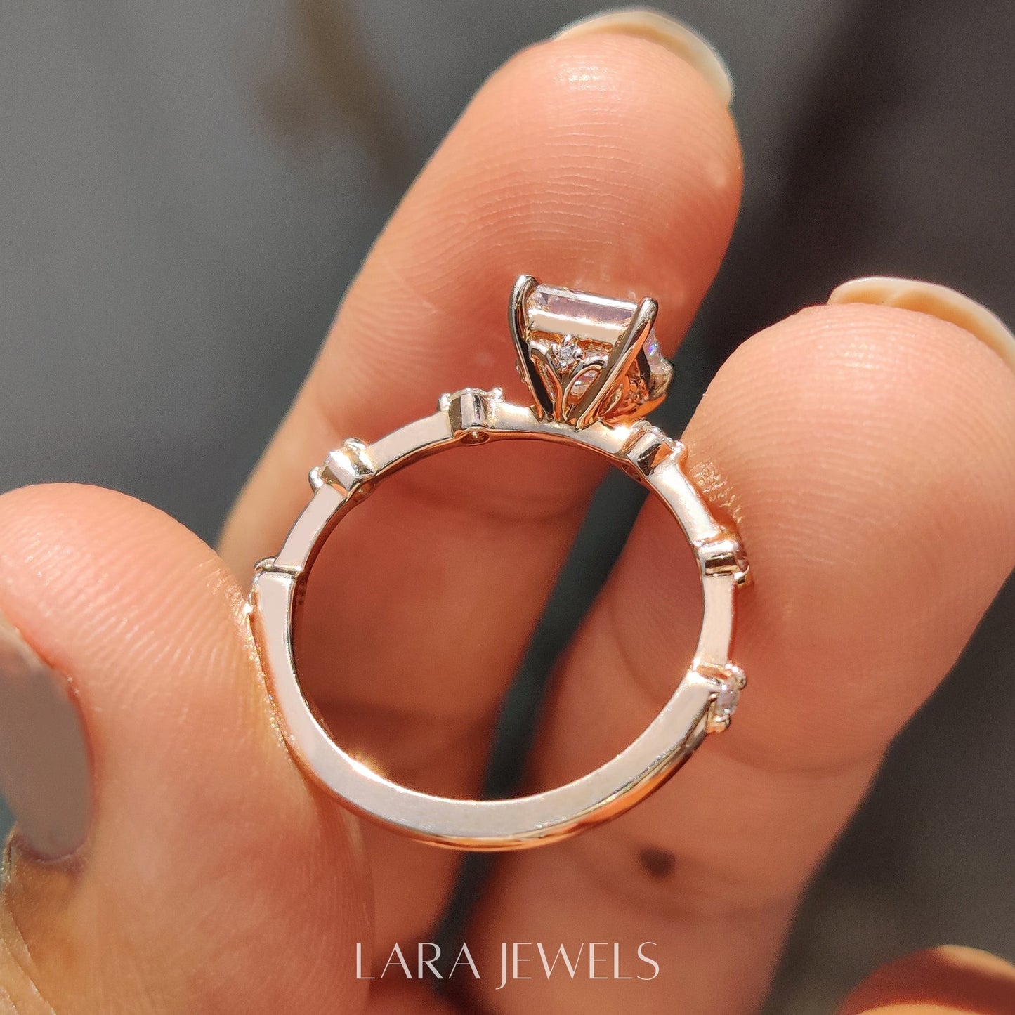 Lab grown princess engagement ring in Yellow Gold, available in Silver. IGI certified, ethically sourced, handcrafted at Lara Jewels.