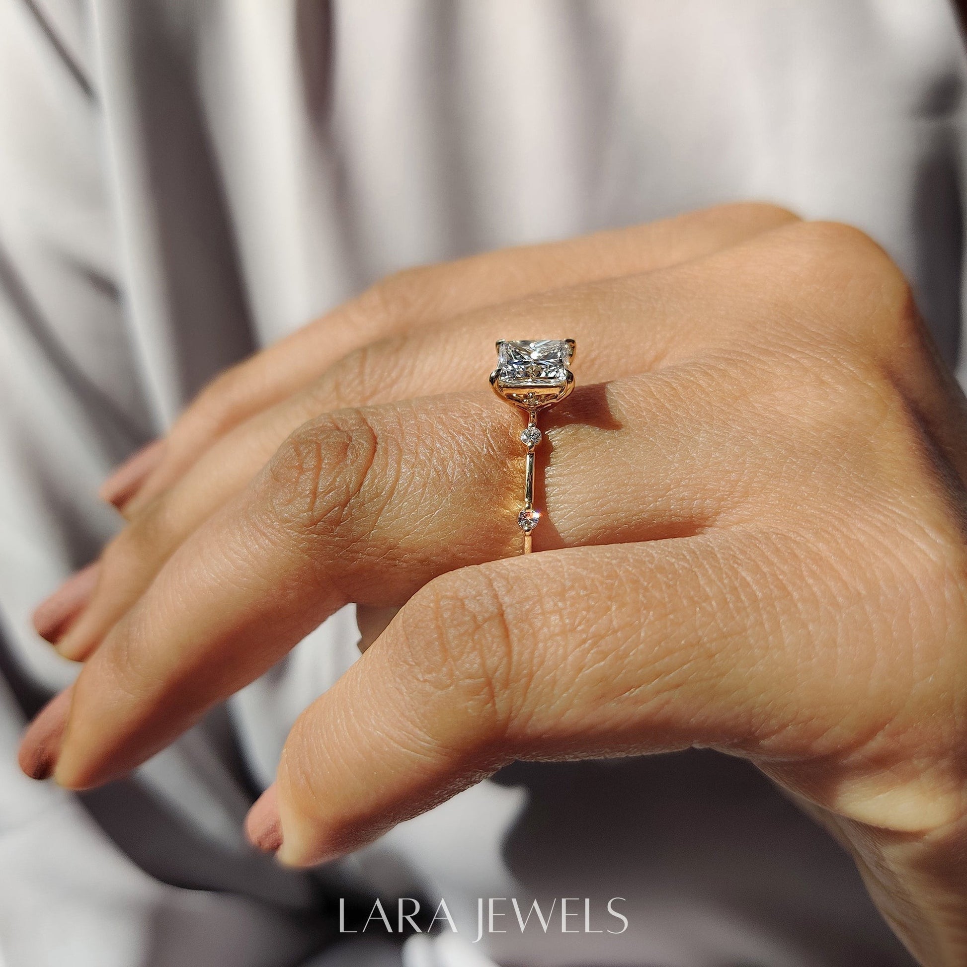 Lab grown princess engagement ring in Yellow Gold, available in Silver. IGI certified, ethically sourced, handcrafted at Lara Jewels.