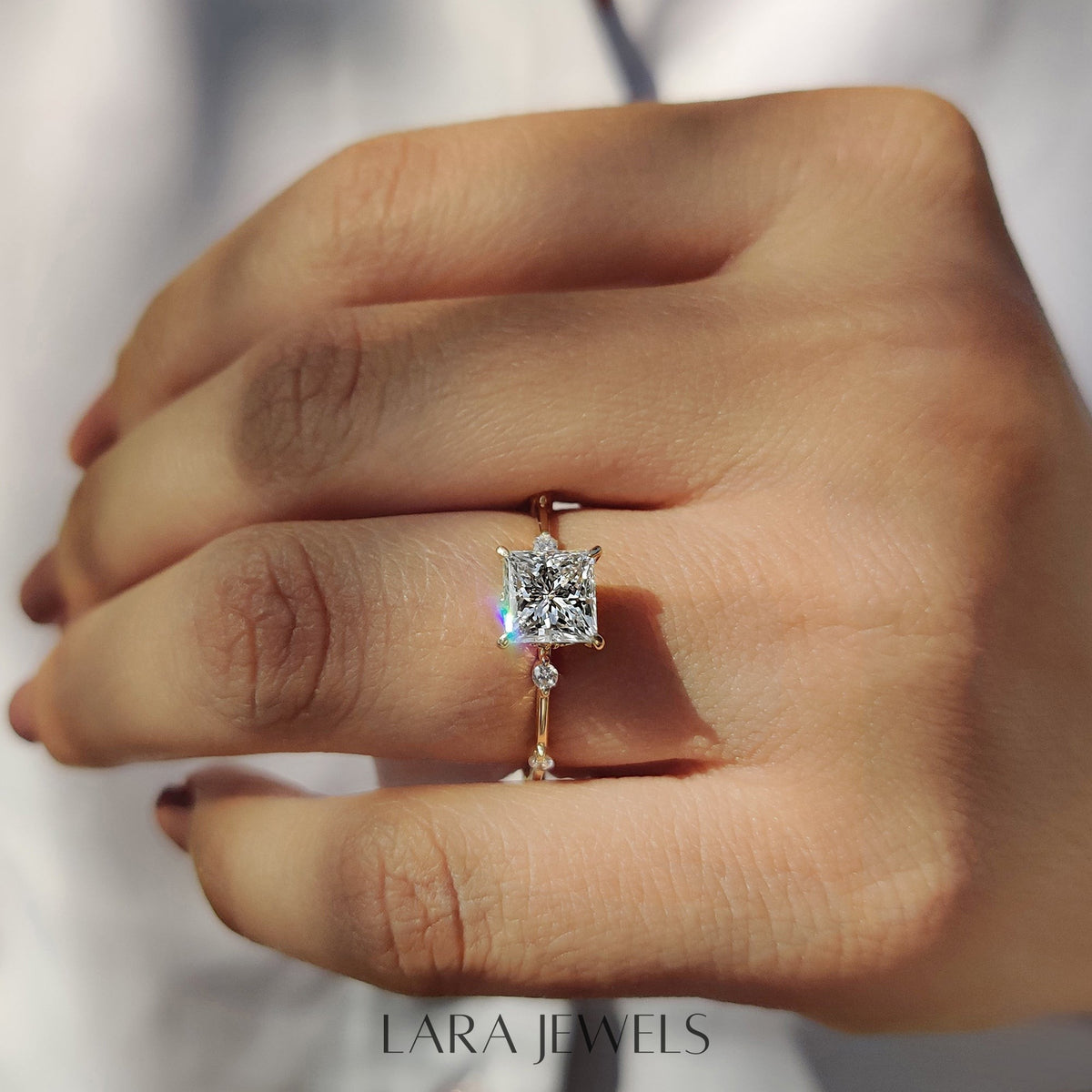 Lab grown princess engagement ring in Yellow Gold, available in Silver. IGI certified, ethically sourced, handcrafted at Lara Jewels.