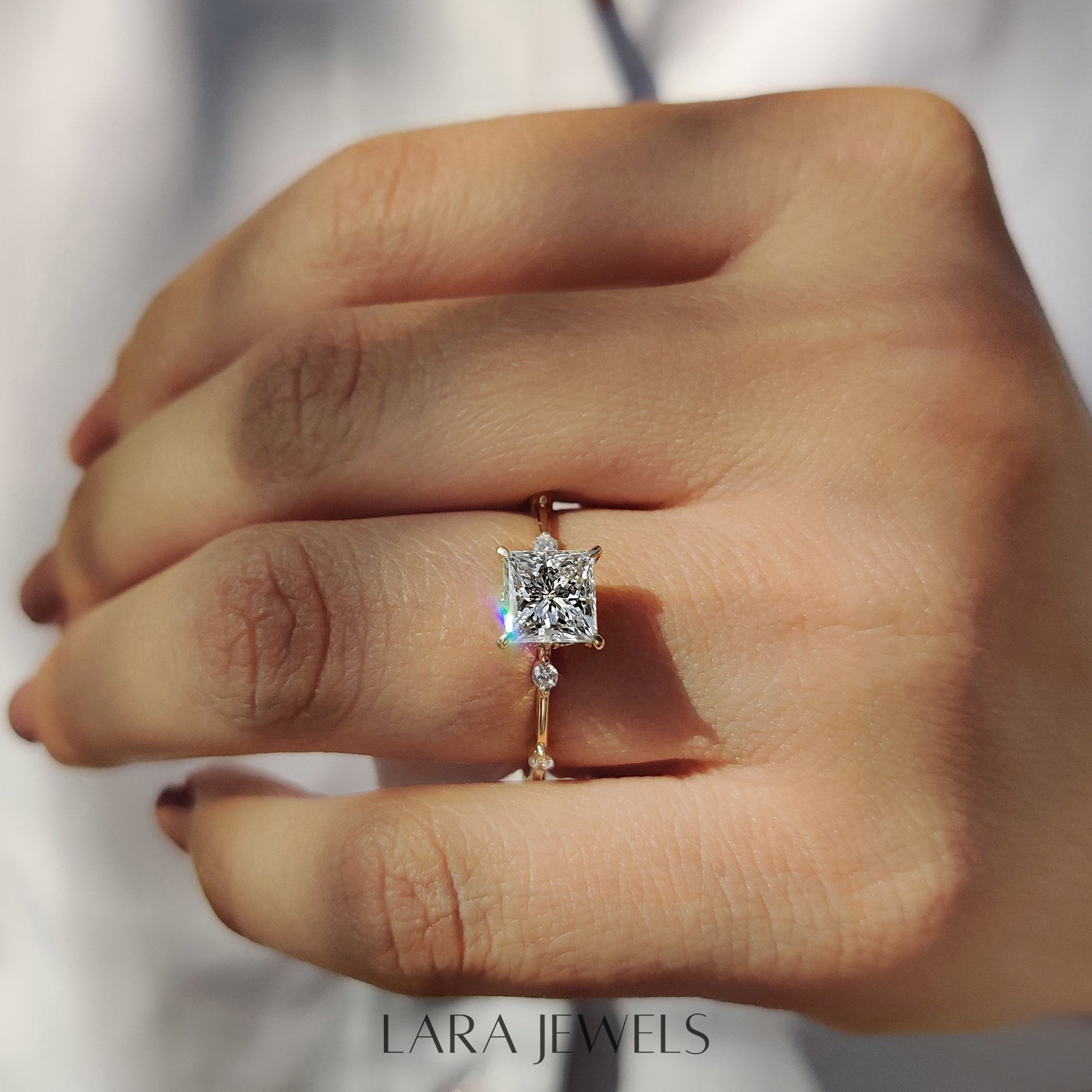 Lab grown princess engagement ring in Yellow Gold, available in Silver. IGI certified, ethically sourced, handcrafted at Lara Jewels.