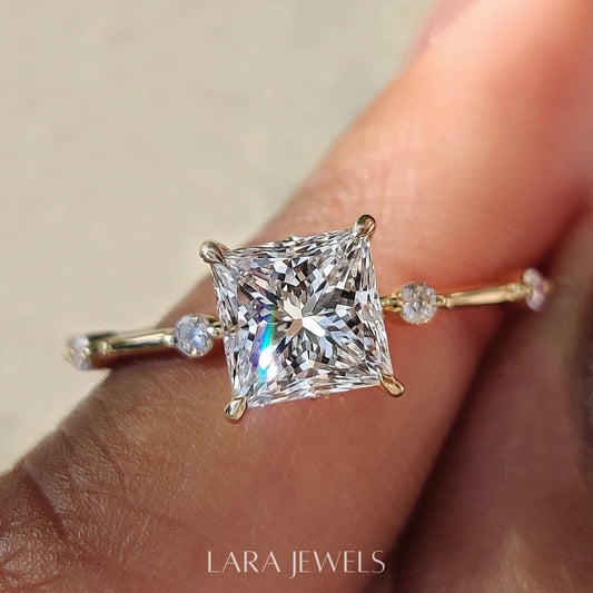 Lab grown princess engagement ring in Yellow Gold, available in Silver. IGI certified, ethically sourced, handcrafted at Lara Jewels.