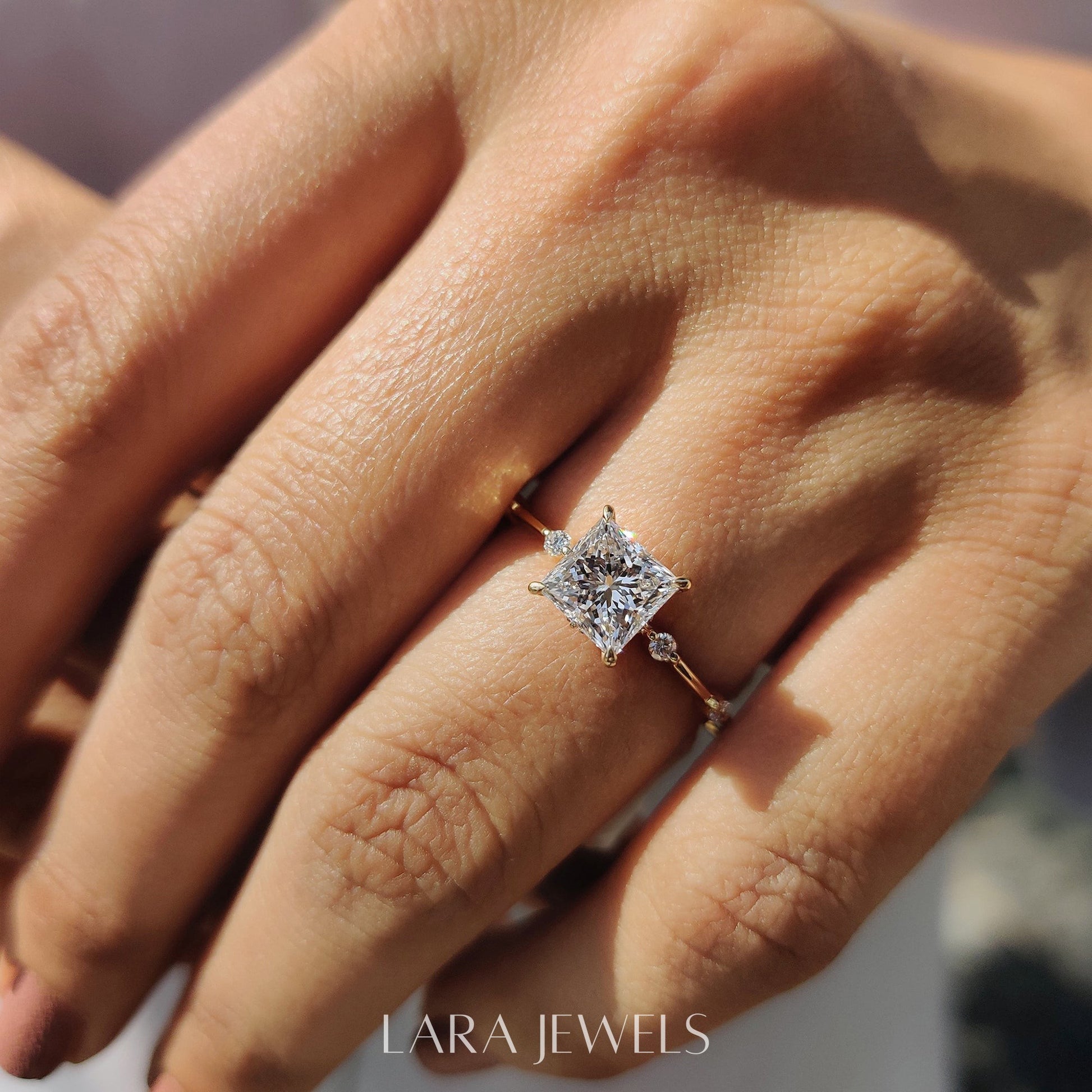 Lab grown princess engagement ring in Yellow Gold, available in Silver. IGI certified, ethically sourced, handcrafted at Lara Jewels.