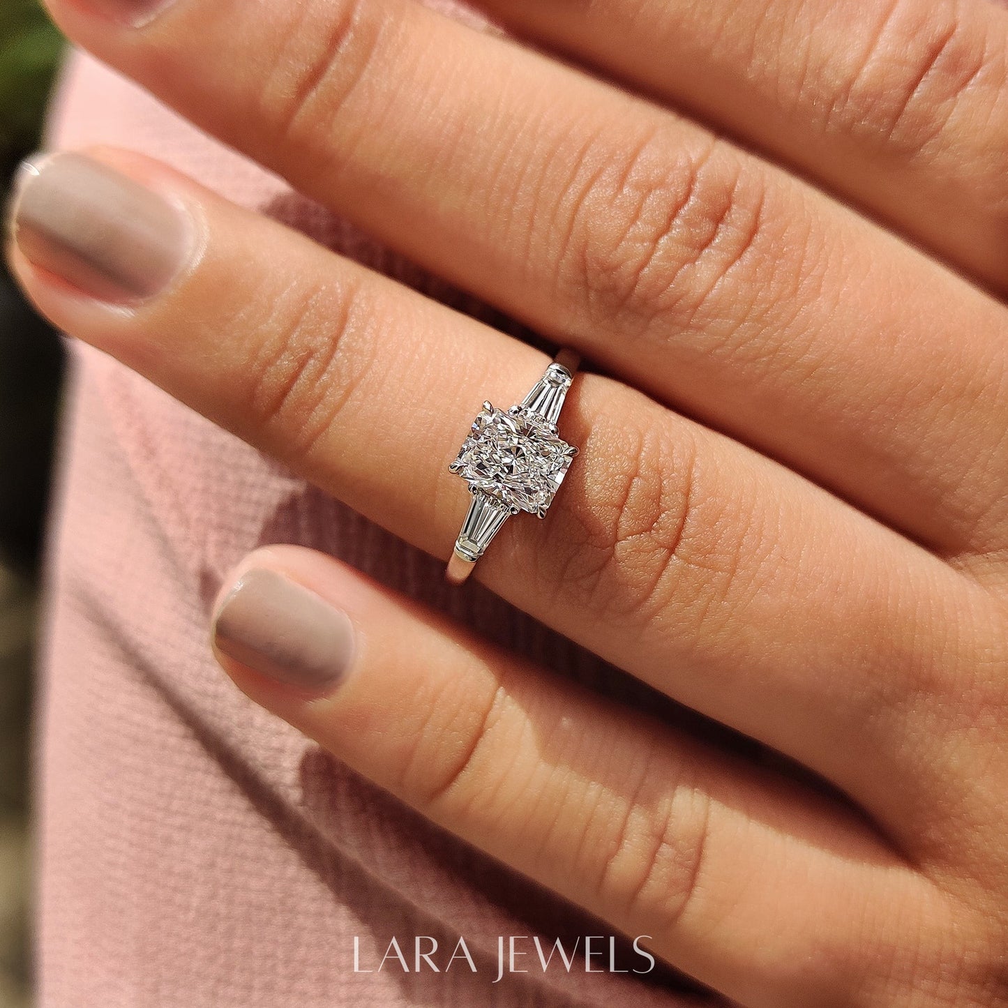 Lab grown radiant engagement ring in Lara Jewels setting, available in Silver. IGI certified, ethically sourced, handcrafted at Lara Jewels.