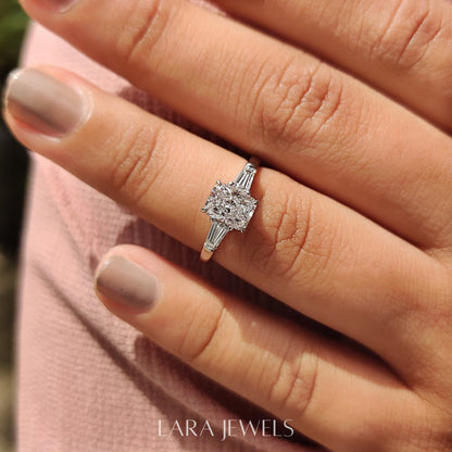 Lab grown radiant engagement ring in Lara Jewels setting, available in Silver. IGI certified, ethically sourced, handcrafted at Lara Jewels.