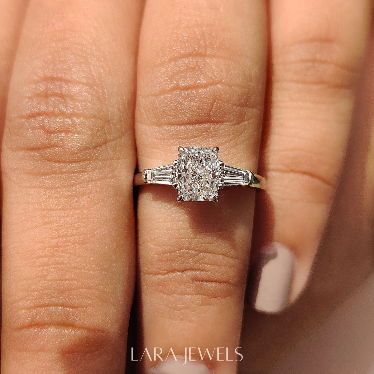 Lab grown radiant engagement ring in Lara Jewels setting, available in Silver. IGI certified, ethically sourced, handcrafted at Lara Jewels.
