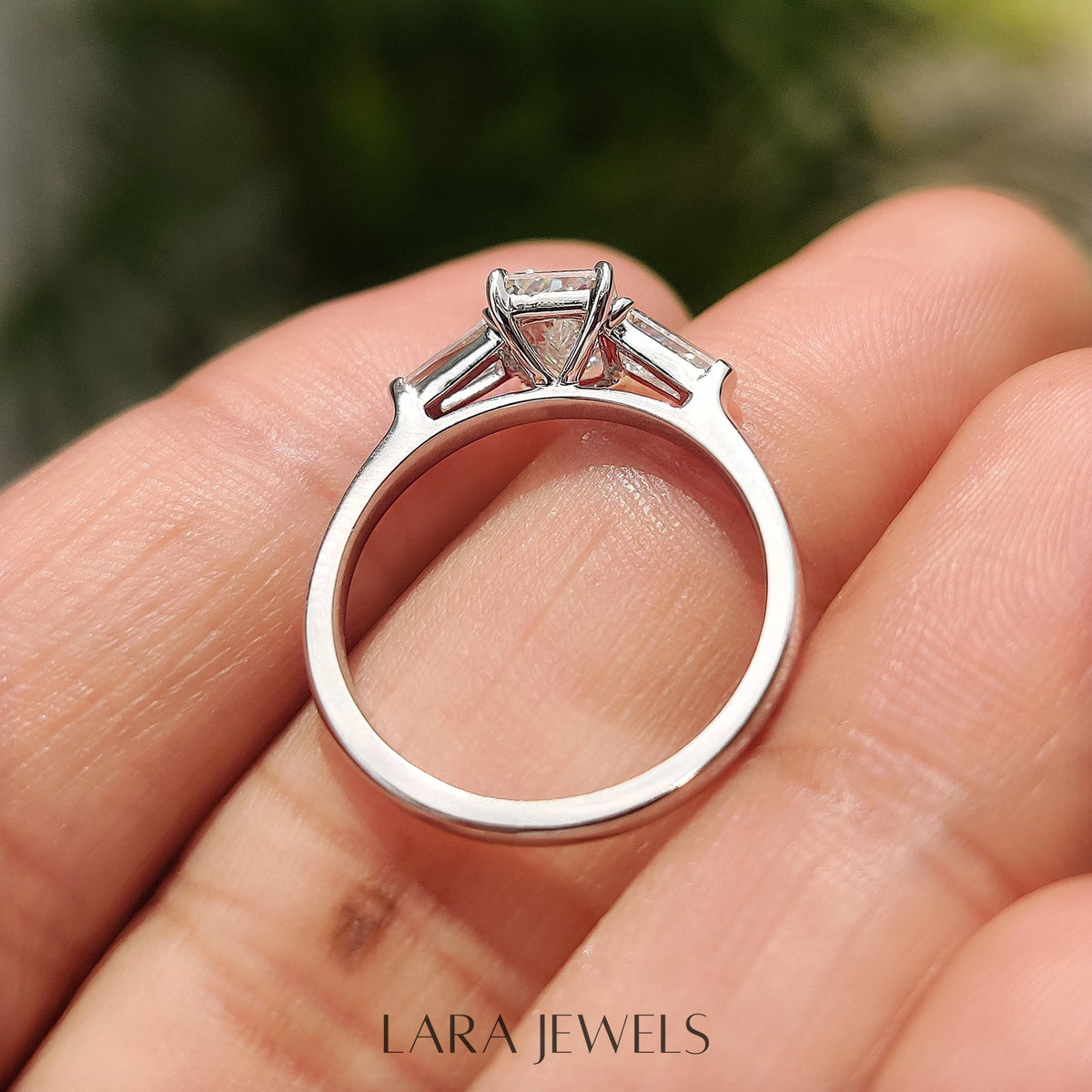 Lab grown radiant engagement ring in Lara Jewels setting, available in Silver. IGI certified, ethically sourced, handcrafted at Lara Jewels.