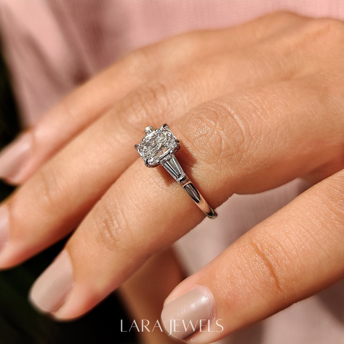 Lab grown radiant engagement ring in Lara Jewels setting, available in Silver. IGI certified, ethically sourced, handcrafted at Lara Jewels.