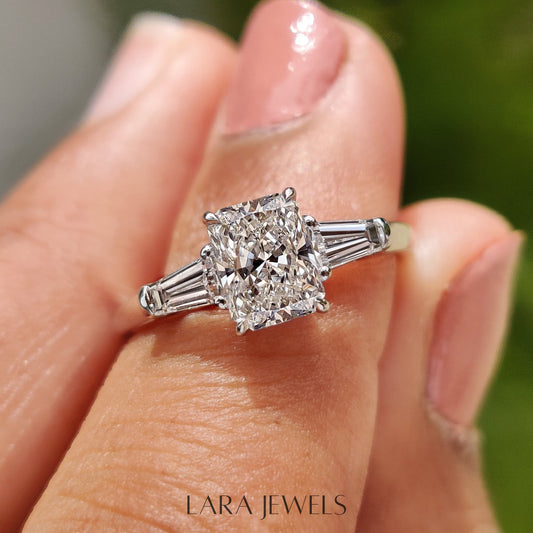 Lab grown radiant engagement ring in Lara Jewels setting, available in Silver. IGI certified, ethically sourced, handcrafted at Lara Jewels.