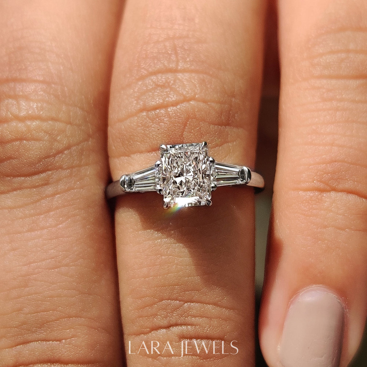 Lab grown radiant engagement ring in Lara Jewels setting, available in Silver. IGI certified, ethically sourced, handcrafted at Lara Jewels.