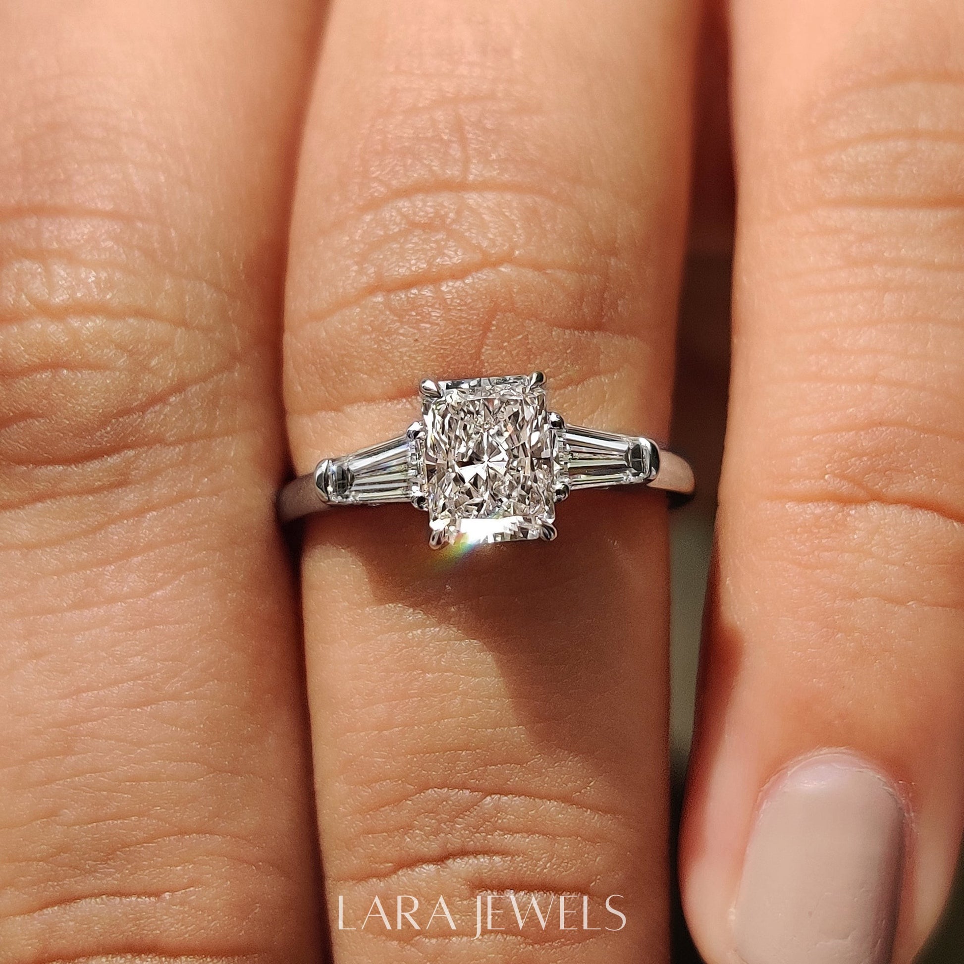 Lab grown radiant engagement ring in Lara Jewels setting, available in Silver. IGI certified, ethically sourced, handcrafted at Lara Jewels.