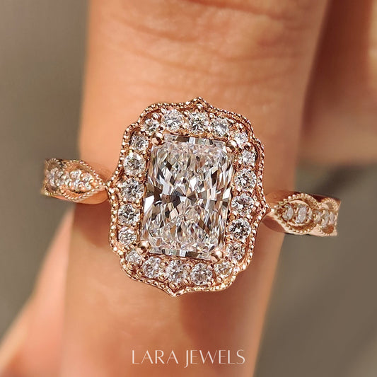 Lab grown radiant engagement ring in Milgrain Vintage Style, available in Silver. IGI certified, ethically sourced, handcrafted at Lara Jewels.