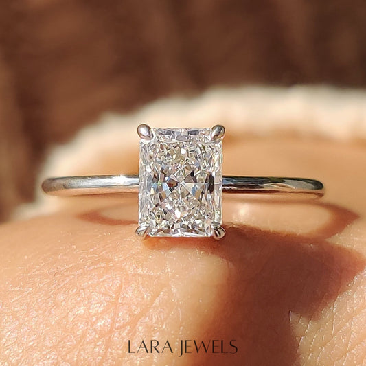 Lab grown radiant engagement ring in White Gold, available in Silver. IGI certified, ethically sourced, handcrafted at Lara Jewels.
