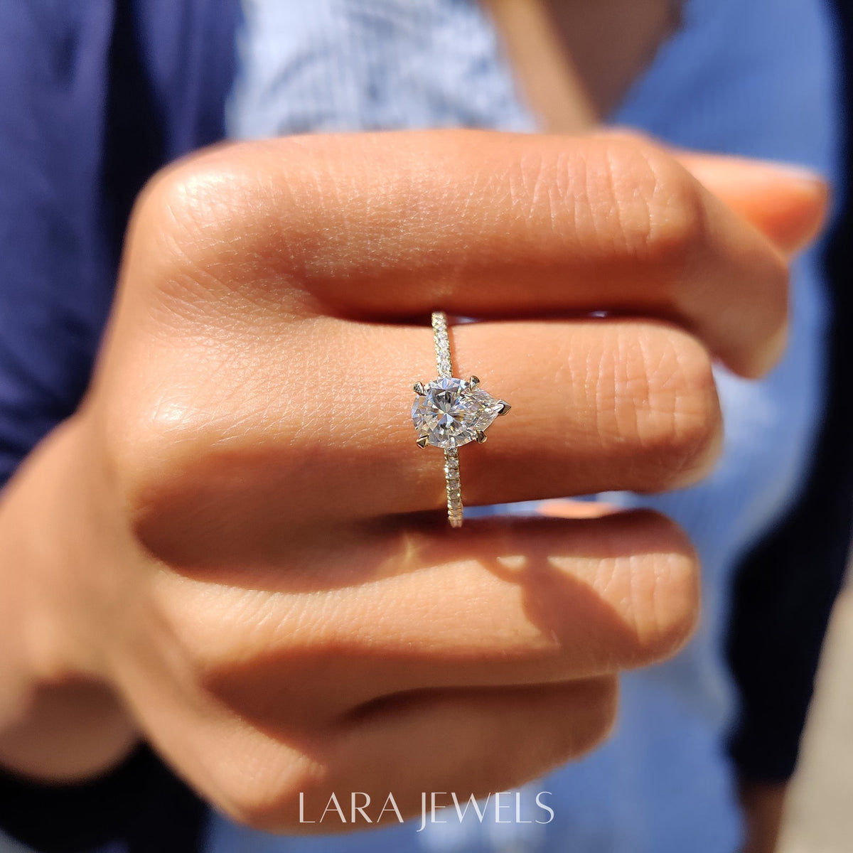 Lab grown pear engagement ring in Lara Jewels setting, available in Silver. IGI certified, ethically sourced, handcrafted at Lara Jewels.