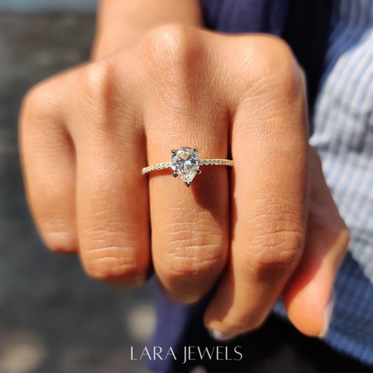Lab grown pear engagement ring in Lara Jewels setting, available in Silver. IGI certified, ethically sourced, handcrafted at Lara Jewels.