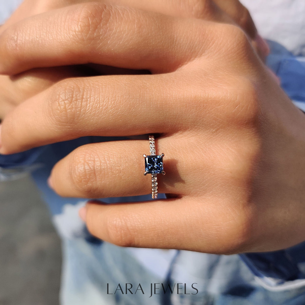 Lab grown princess engagement ring in Lara Jewels setting, available in Silver. IGI certified, ethically sourced, handcrafted at Lara Jewels.