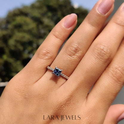 Lab grown princess engagement ring in Lara Jewels setting, available in Silver. IGI certified, ethically sourced, handcrafted at Lara Jewels.