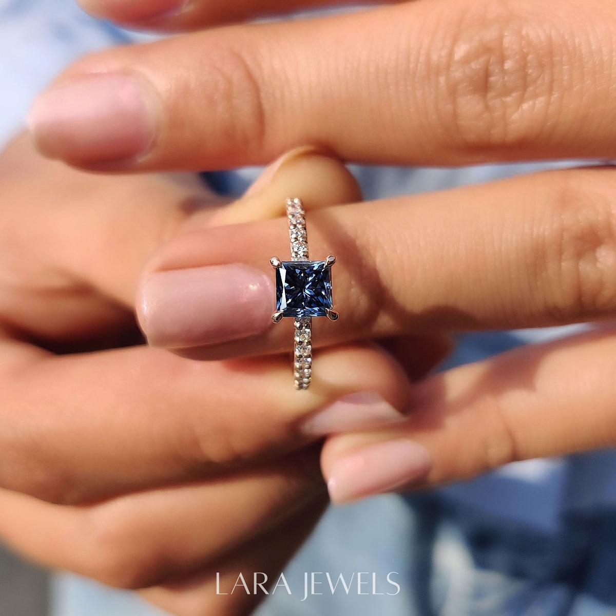 Lab grown princess engagement ring in Lara Jewels setting, available in Silver. IGI certified, ethically sourced, handcrafted at Lara Jewels.
