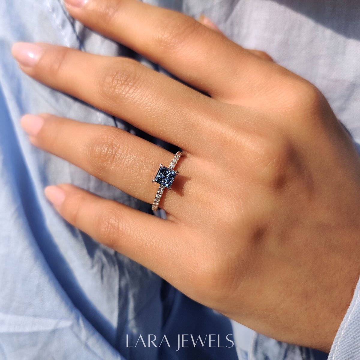 Lab grown princess engagement ring in Lara Jewels setting, available in Silver. IGI certified, ethically sourced, handcrafted at Lara Jewels.