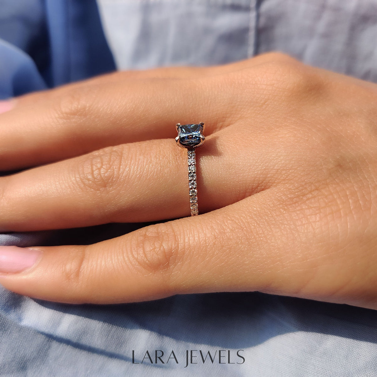 Lab grown princess engagement ring in Lara Jewels setting, available in Silver. IGI certified, ethically sourced, handcrafted at Lara Jewels.