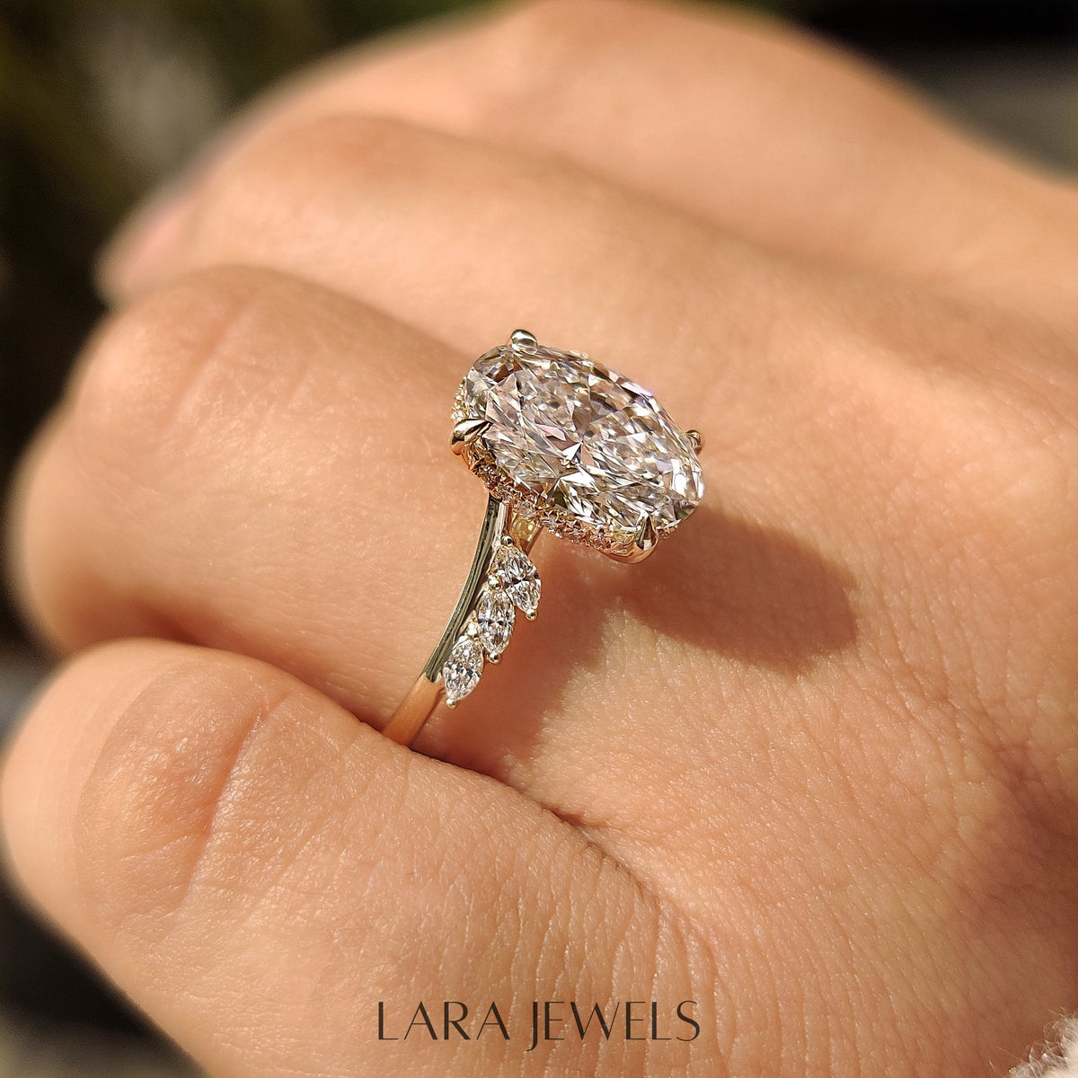 Lab grown marquise engagement ring in Marquise Side Stones, available in Silver. IGI certified, ethically sourced, handcrafted at Lara Jewels.