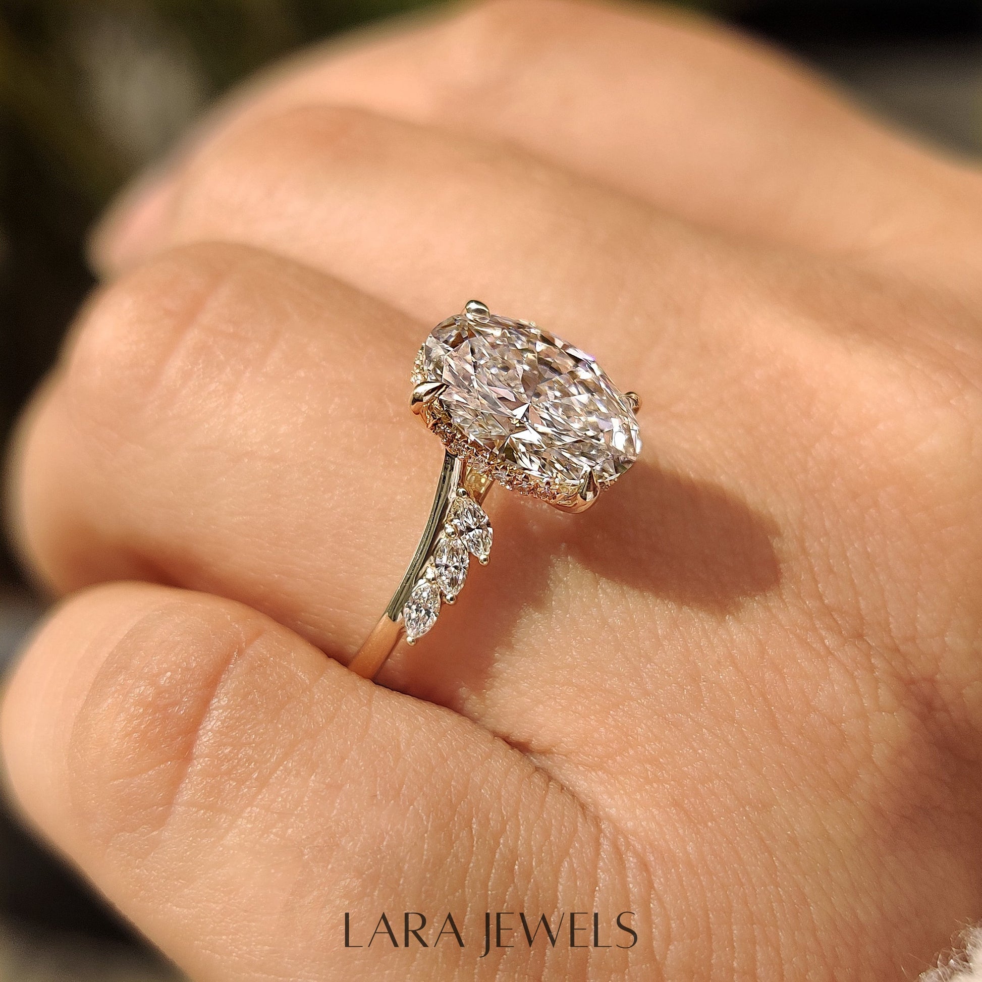 Lab grown marquise engagement ring in Marquise Side Stones, available in Silver. IGI certified, ethically sourced, handcrafted at Lara Jewels.