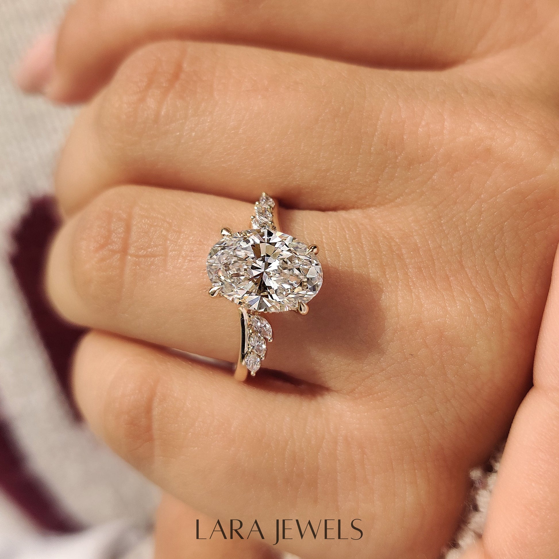 Lab grown marquise engagement ring in Marquise Side Stones, available in Silver. IGI certified, ethically sourced, handcrafted at Lara Jewels.