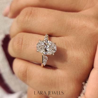 Lab grown marquise engagement ring in Marquise Side Stones, available in Silver. IGI certified, ethically sourced, handcrafted at Lara Jewels.