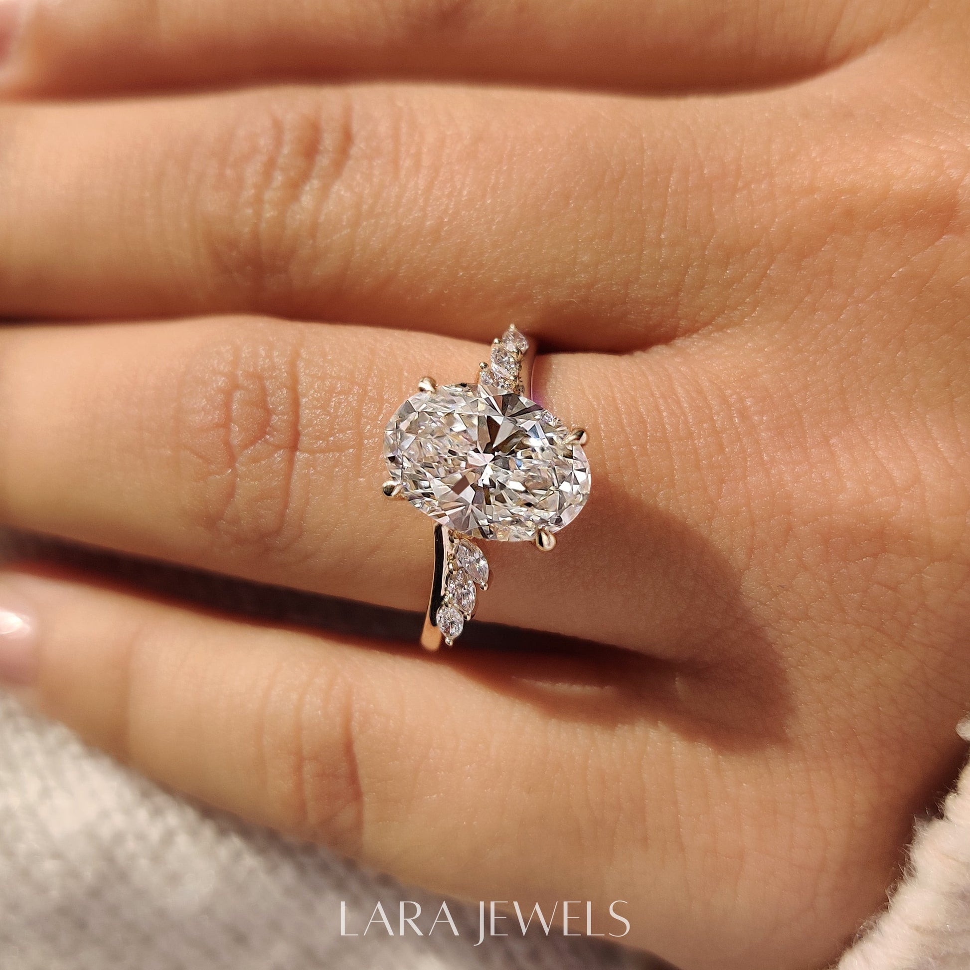 Lab grown marquise engagement ring in Marquise Side Stones, available in Silver. IGI certified, ethically sourced, handcrafted at Lara Jewels.